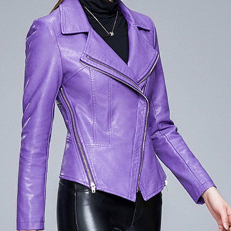 Women's Slim-Fit Faux Leather Jacket with Lapel Collar