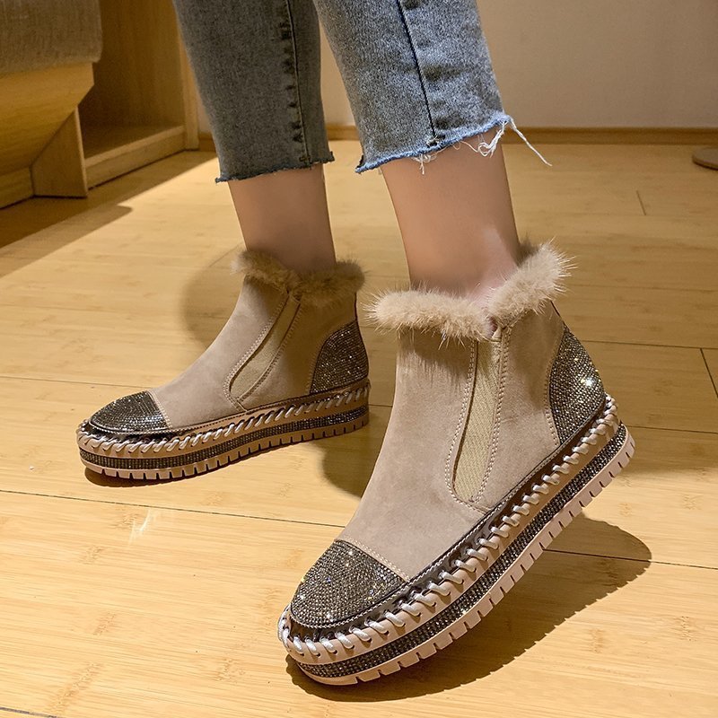 Women's Genuine Leather Ankle Boots with Rhinestone Detail