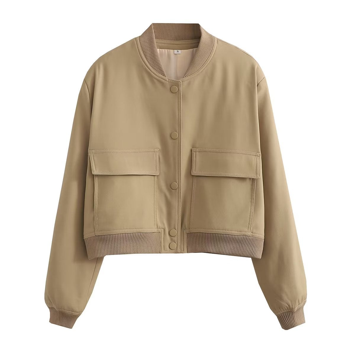 women's cropped bomber jacket in khaki with button closure