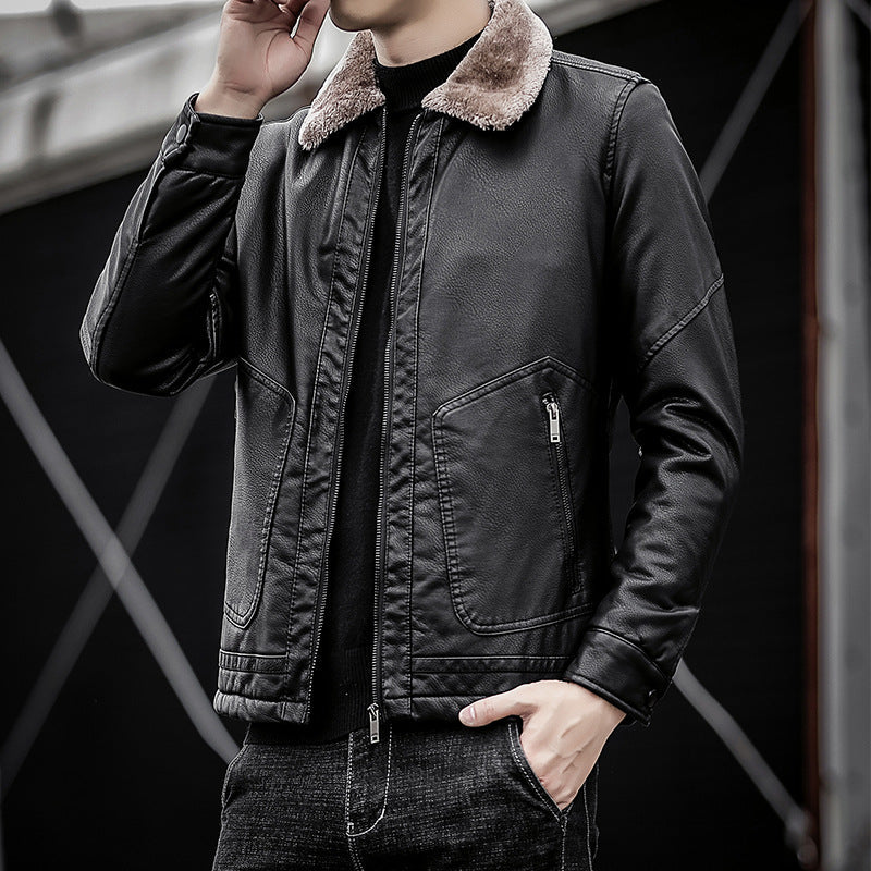 Men's black faux leather jacket with stand-up collar