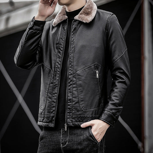 Men's black faux leather jacket with stand-up collar