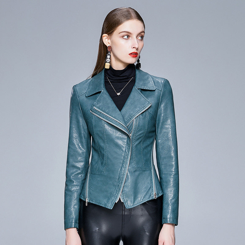 Women's Slim-Fit Faux Leather Jacket with Lapel Collar