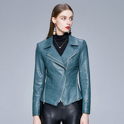 Women's Slim-Fit Faux Leather Jacket with Lapel Collar
