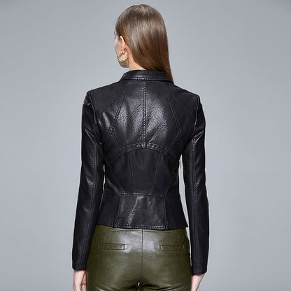Women's Slim-Fit Faux Leather Jacket with Lapel Collar