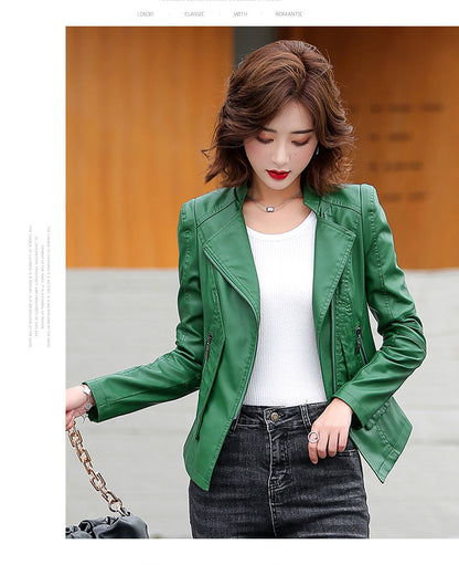 Women's Genuine Leather Jacket with Suit Collar