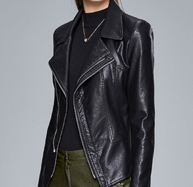Women's Slim-Fit Faux Leather Jacket with Lapel Collar