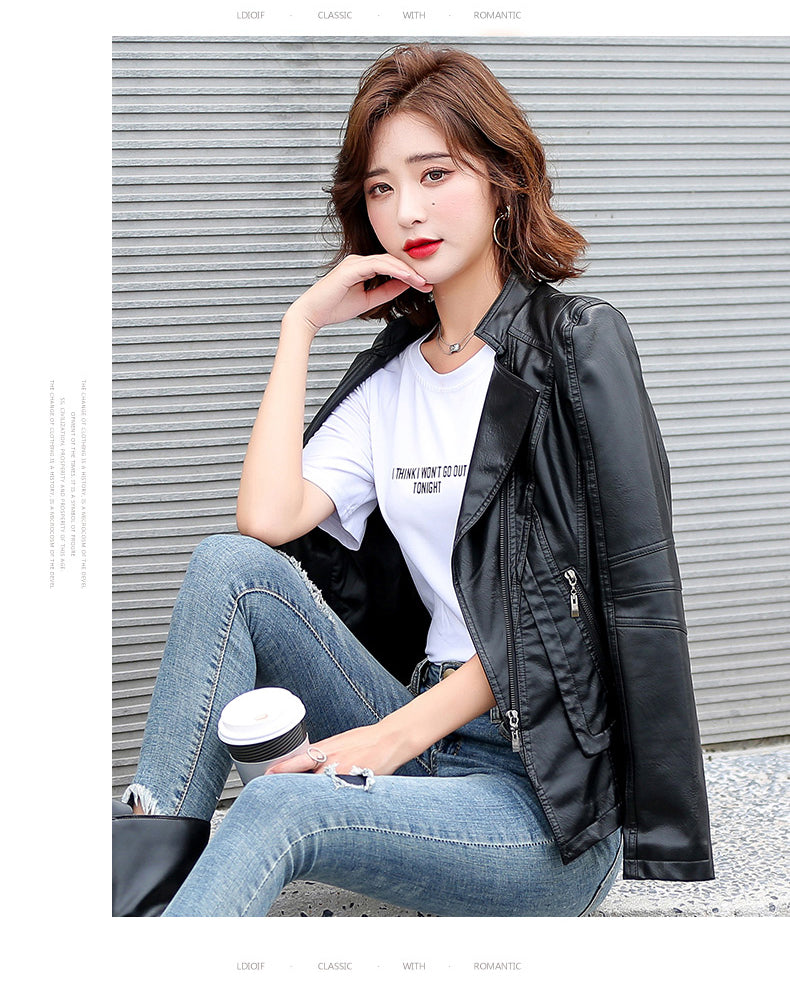 Women's Genuine Leather Jacket with Suit Collar