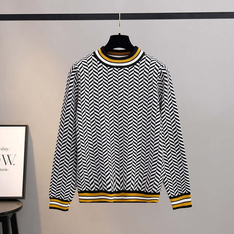 women's knitted sweaters with a black and white chevron pattern and yellow accents, perfect for autumn and winter wear.