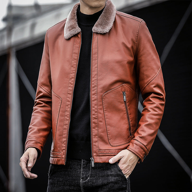 Men's Faux Leather Jacket with Stand Collar – Loose Fit