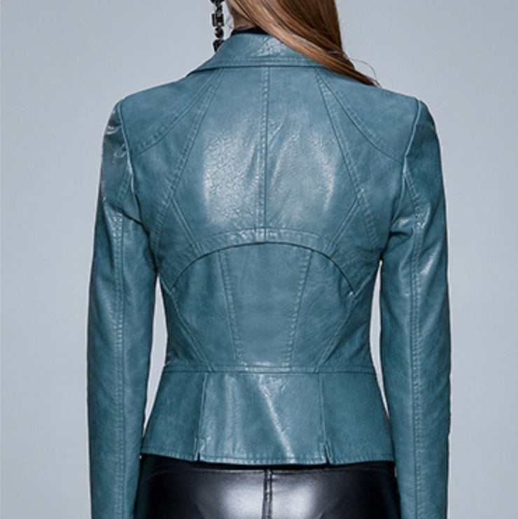 Women's Slim-Fit Faux Leather Jacket with Lapel Collar