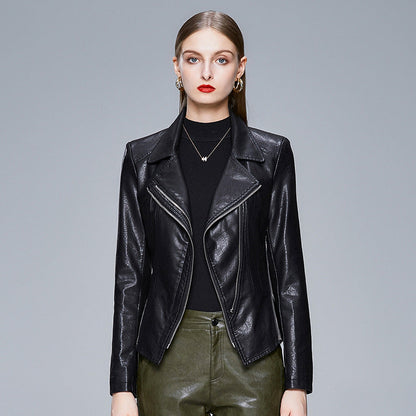 Women's Slim-Fit Faux Leather Jacket with Lapel Collar