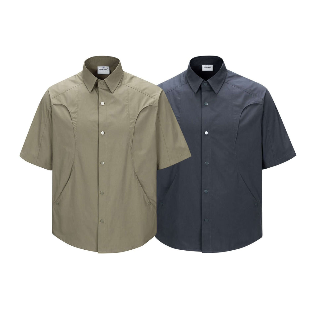Split and spliced short sleeved shirt for men