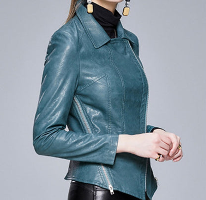 Women's Slim-Fit Faux Leather Jacket with Lapel Collar