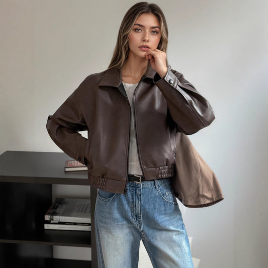Women's dark brown faux leather jacket, retro style