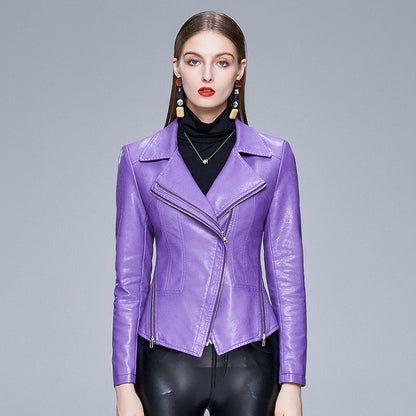 Women's Slim-Fit Faux Leather Jacket with Lapel Collar