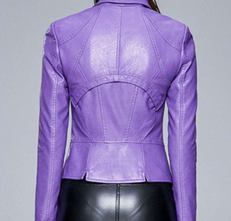 Women's Slim-Fit Faux Leather Jacket with Lapel Collar