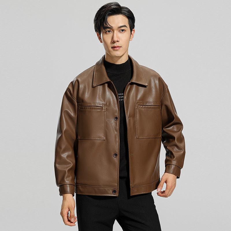 Men's black faux leather biker jacket with lapel collar