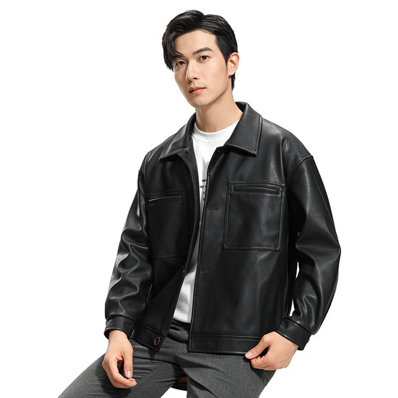 Men's Faux Leather Biker Jacket with Lapel Collar