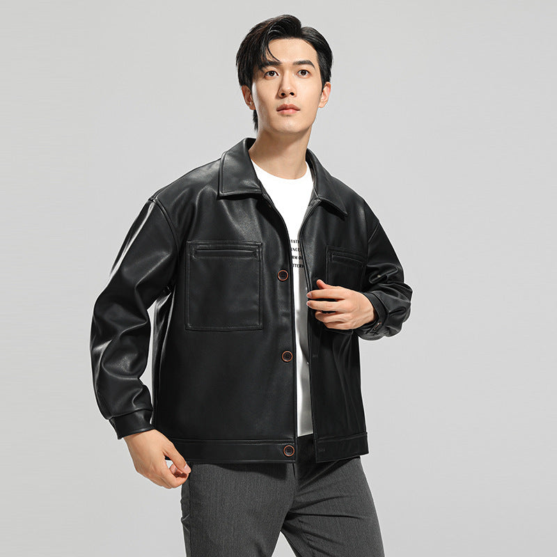 Men's Faux Leather Biker Jacket with Lapel Collar