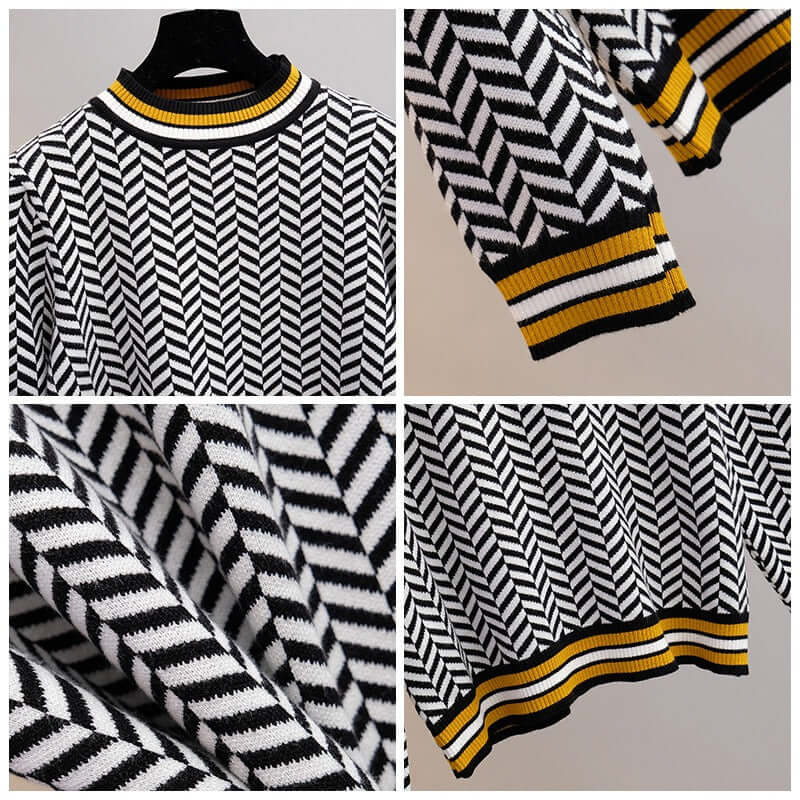 Close-up view of women's knitted sweaters featuring striped patterns in black and white with yellow accents for a stylish look.