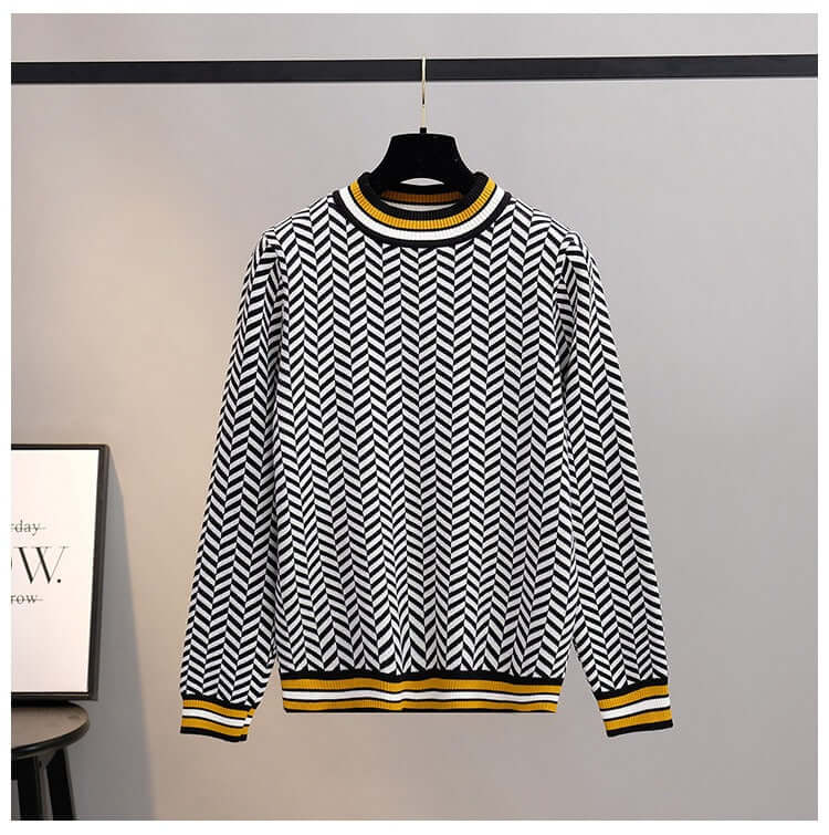 Women's knitted sweaters featuring a stylish black and white herringbone pattern with yellow accents.