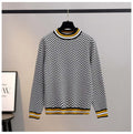 Women's knitted sweaters featuring a stylish black and white herringbone pattern with yellow accents.