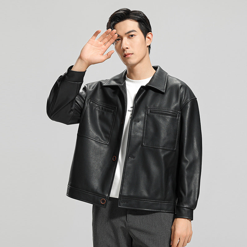 Men's Faux Leather Biker Jacket with Lapel Collar