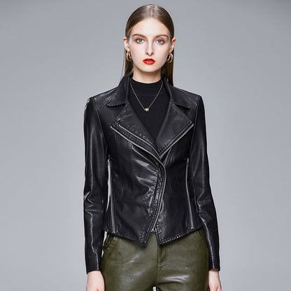 Women's black faux leather jacket with lapel collar