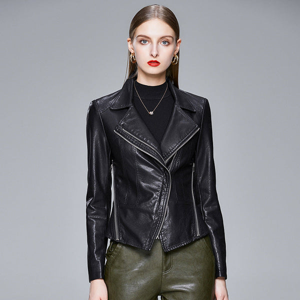 Women's black faux leather jacket with lapel collar