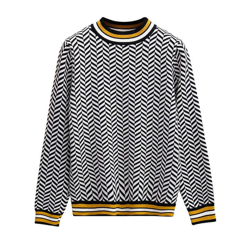 Women's knitted sweaters featuring a black and white herringbone pattern with yellow accents.