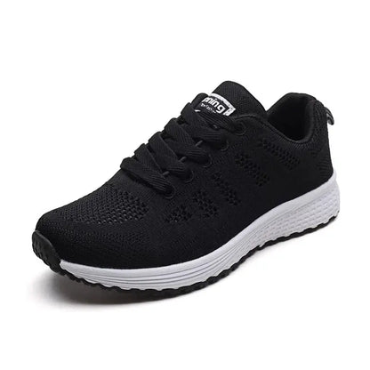 Suzynmom Women's Casual Breathable Mesh Walking Shoes Flat Sneakers Fashion Lace-Up Cotton Lined Vulcanized Gym Footwear White Mixed Colors
