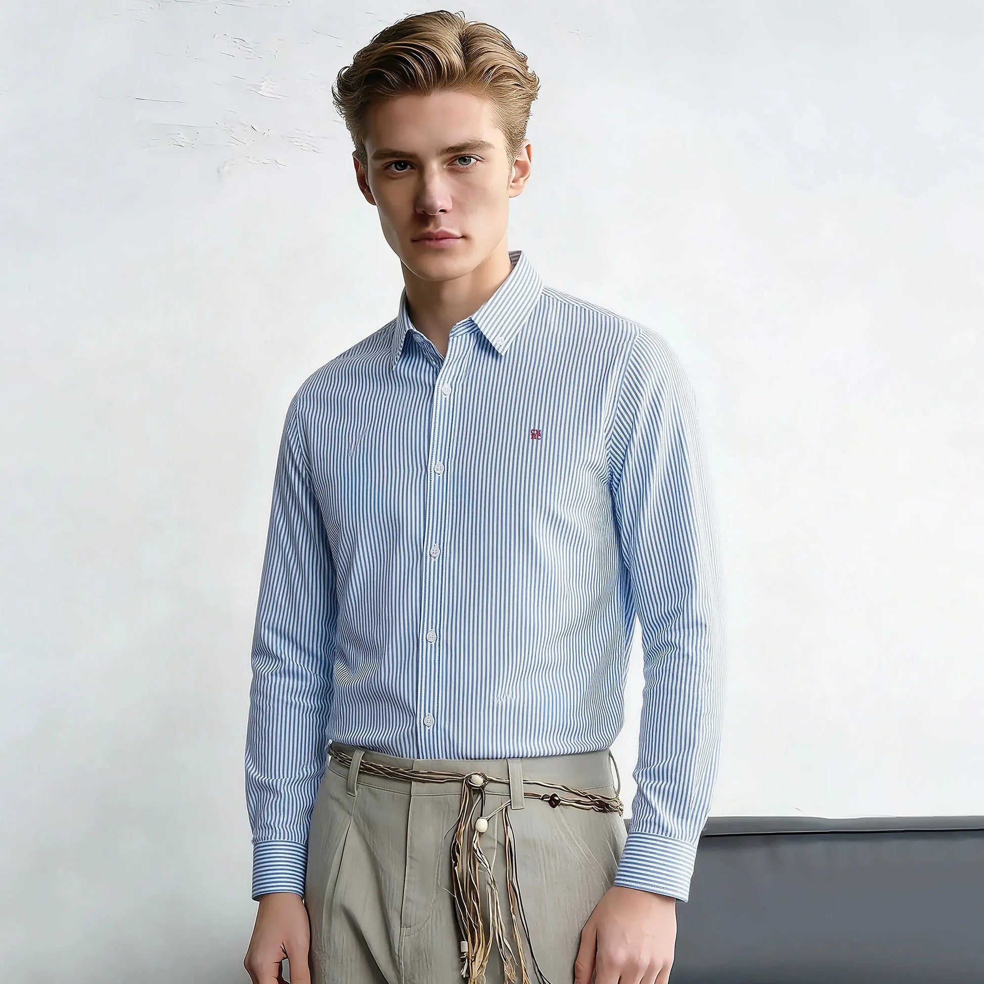 Suzynmom Men's Shirt Elegant Commuting Single Breasted Men's Shirt Business Thin Stripe Design Classic Casual Men's Long Sleeved Blouses