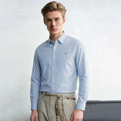 Suzynmom Men's Shirt Elegant Commuting Single Breasted Men's Shirt Business Thin Stripe Design Classic Casual Men's Long Sleeved Blouses