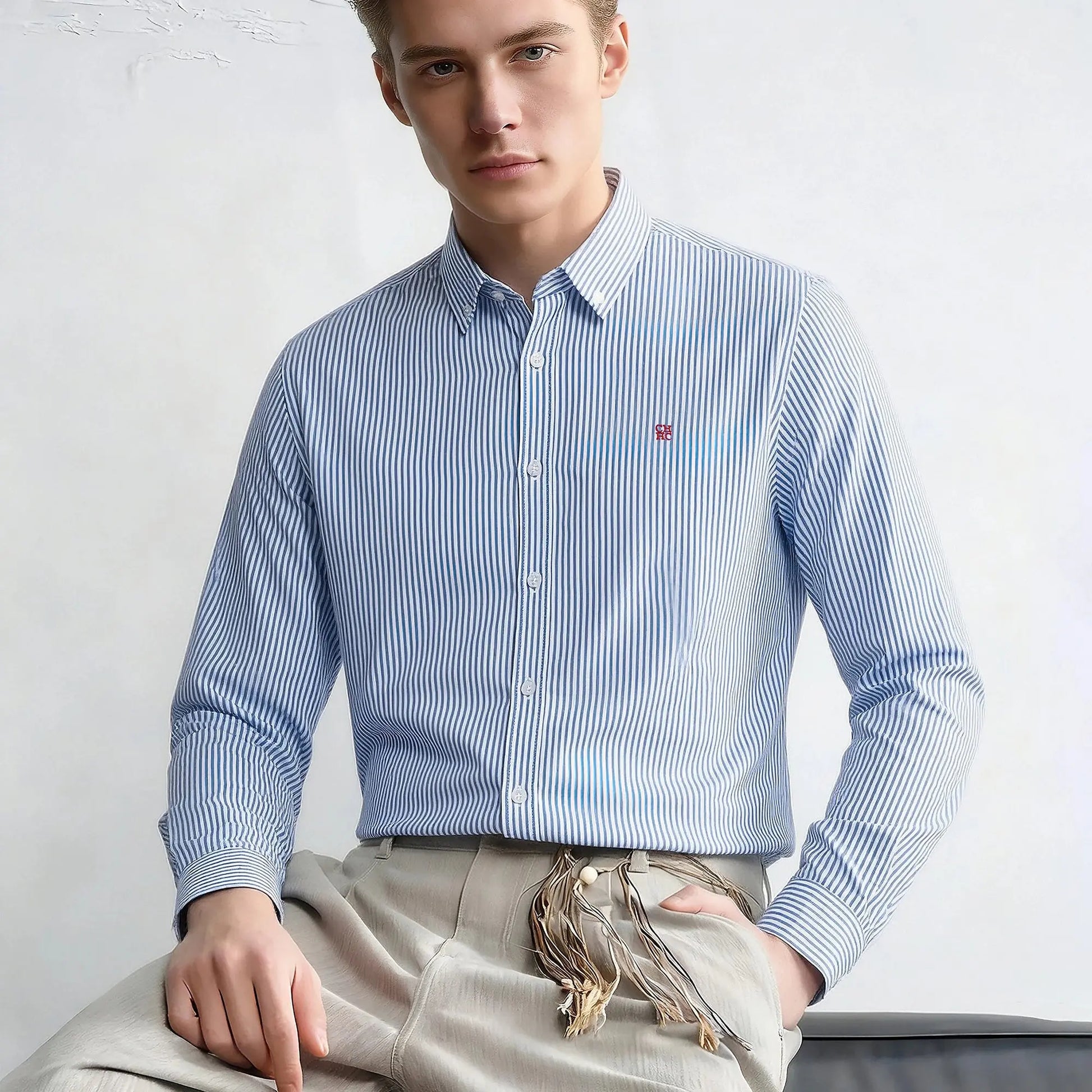 Suzynmom Men's Shirt Elegant Commuting Single Breasted Men's Shirt Business Thin Stripe Design Classic Casual Men's Long Sleeved Blouses