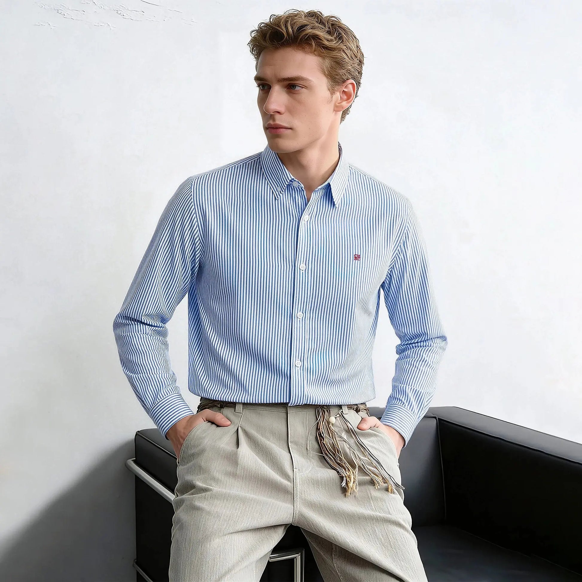 Suzynmom Men's Shirt Elegant Commuting Single Breasted Men's Shirt Business Thin Stripe Design Classic Casual Men's Long Sleeved Blouses