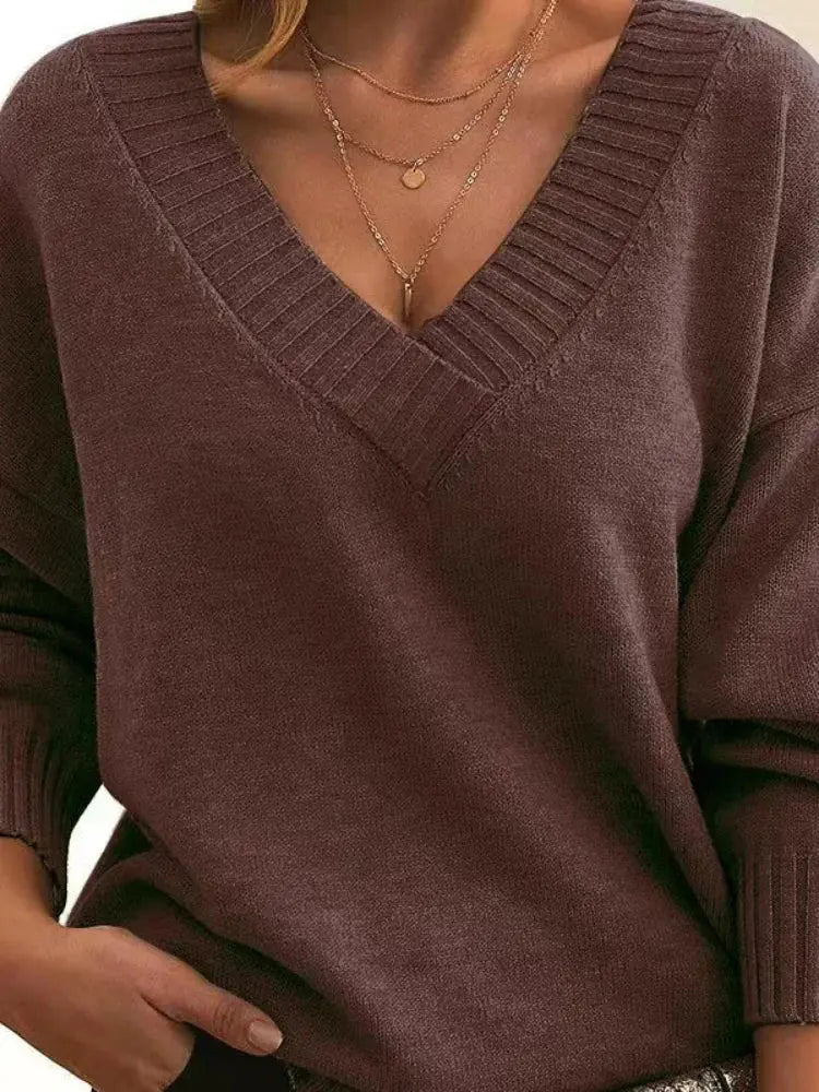 Suzynmom Women Sweaters Long Sleeved V Neck Knitted Pullovers Patchwork Solid Spliced Jumpers Thick Casual Outwear Slight Strech