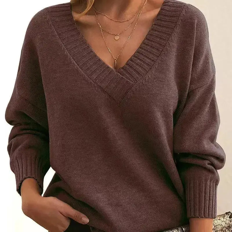 Suzynmom Women Sweaters Long Sleeved V Neck Knitted Pullovers Patchwork Solid Spliced Jumpers Thick Casual Outwear Slight Strech