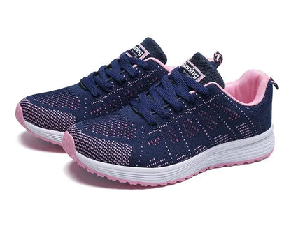 Suzynmom Women's Casual Breathable Mesh Walking Shoes Flat Sneakers Fashion Lace-Up Cotton Lined Vulcanized Gym Footwear White Mixed Colors