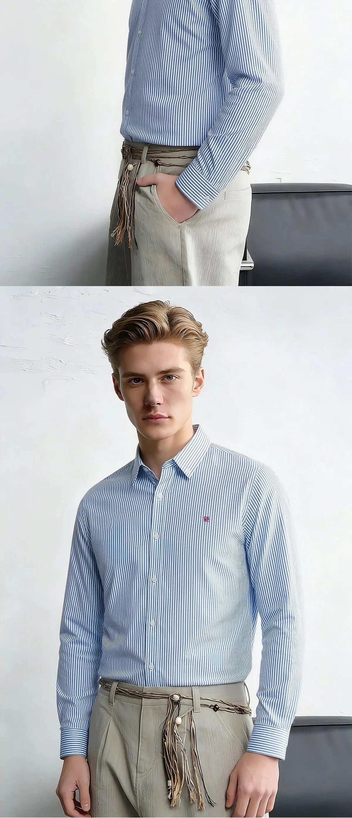 Suzynmom Men's Shirt Elegant Commuting Single Breasted Men's Shirt Business Thin Stripe Design Classic Casual Men's Long Sleeved Blouses