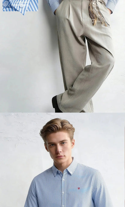 Suzynmom Men's Shirt Elegant Commuting Single Breasted Men's Shirt Business Thin Stripe Design Classic Casual Men's Long Sleeved Blouses