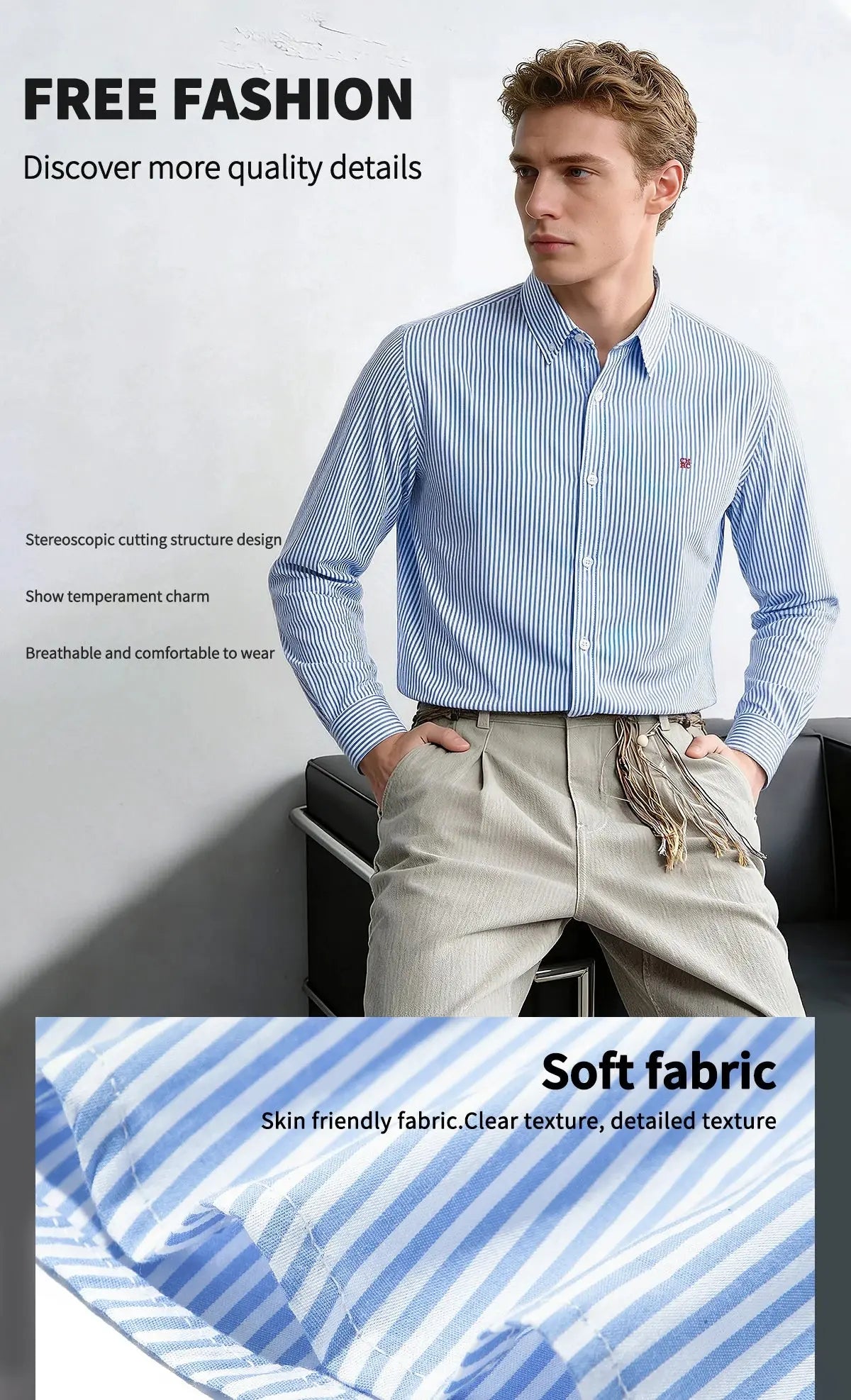 Suzynmom Men's Shirt Elegant Commuting Single Breasted Men's Shirt Business Thin Stripe Design Classic Casual Men's Long Sleeved Blouses