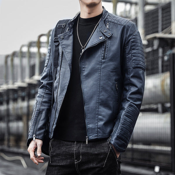 Men's black faux leather jacket with zip pockets