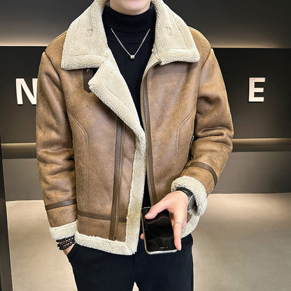 Men's Fleece-Lined Motorcycle Jacket with Faux Fur Trim