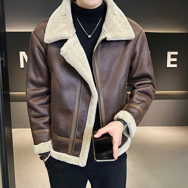Men's fleece-lined motorcycle jacket in brown with faux fur trim