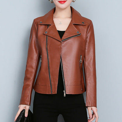 Women's black faux leather jacket, short slim fit