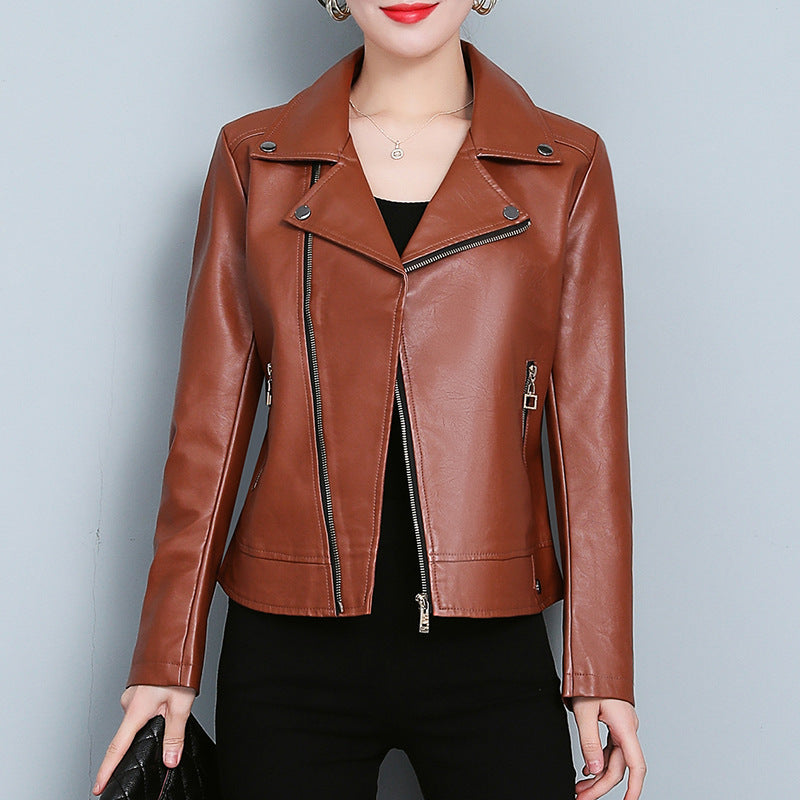 Women's black faux leather jacket, short slim fit