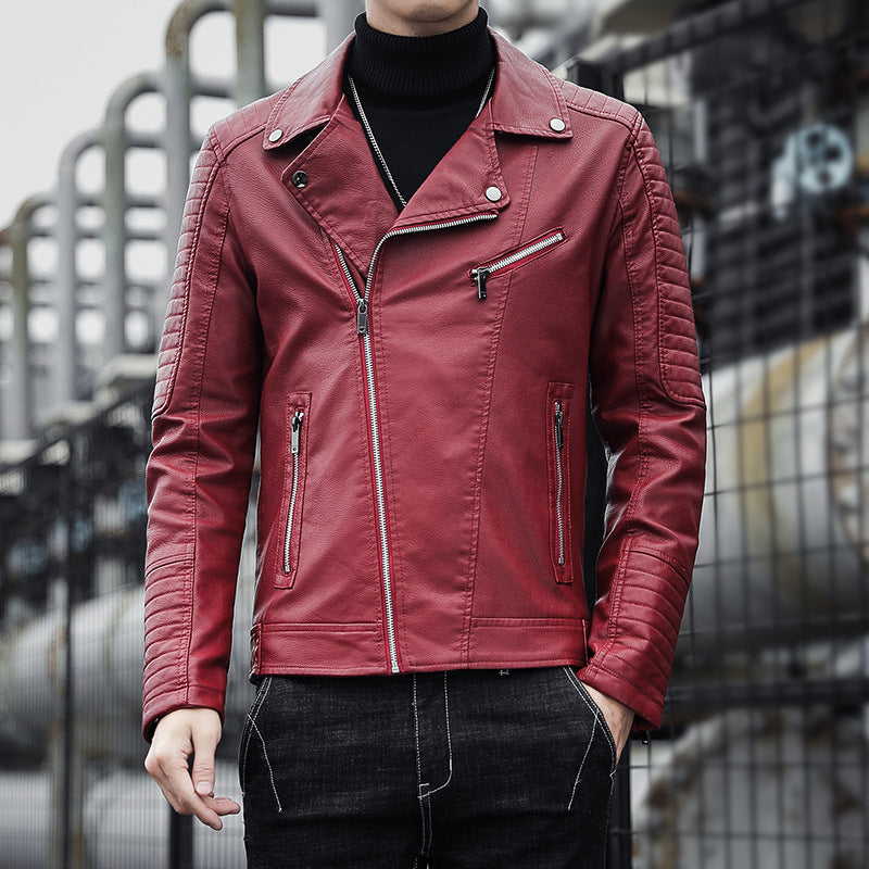 Men's black faux leather motorcycle jacket with lapel collar