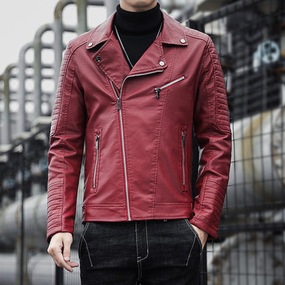 Men's black faux leather motorcycle jacket with lapel collar