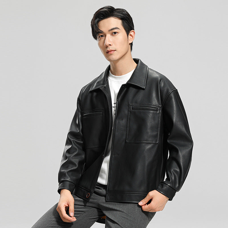 Men's Faux Leather Biker Jacket with Lapel Collar