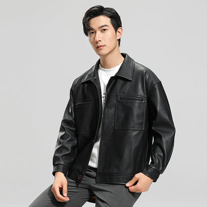 Men's Faux Leather Biker Jacket with Lapel Collar